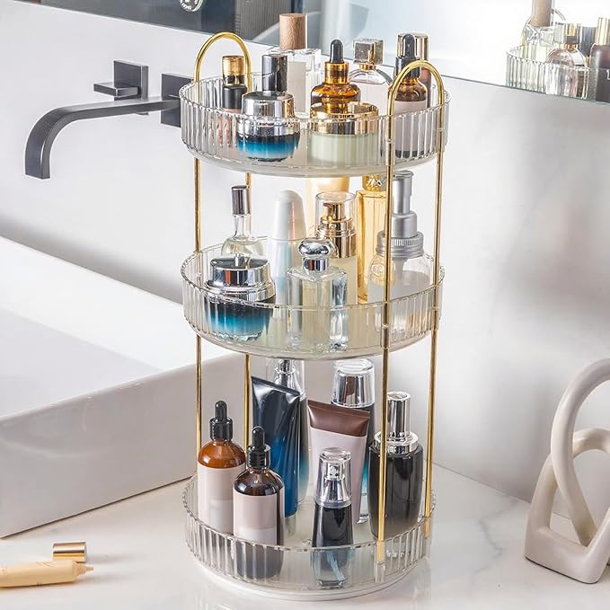 360° Rotating Makeup Organizer, Bathroom Make Up Spinning Holder Rack, Large Capacity Cosmetics Storage Vanity Shelf Countertop, Fits Cosmetics, Perfume, Skincare, Lipsticks(3 Tiers, Clear)
