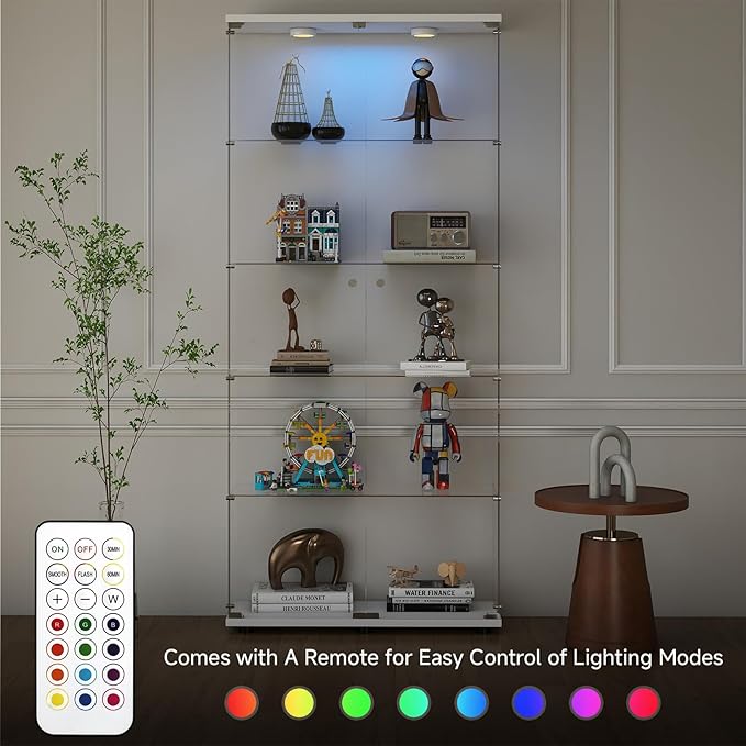 5-Tier Tempered Glass Display Cabinet with Lights, Curio Cabinet with Glass Doors and Lock, Glass Display Case for Collectibles, for Living Room Bedroom Office, Double Door, White