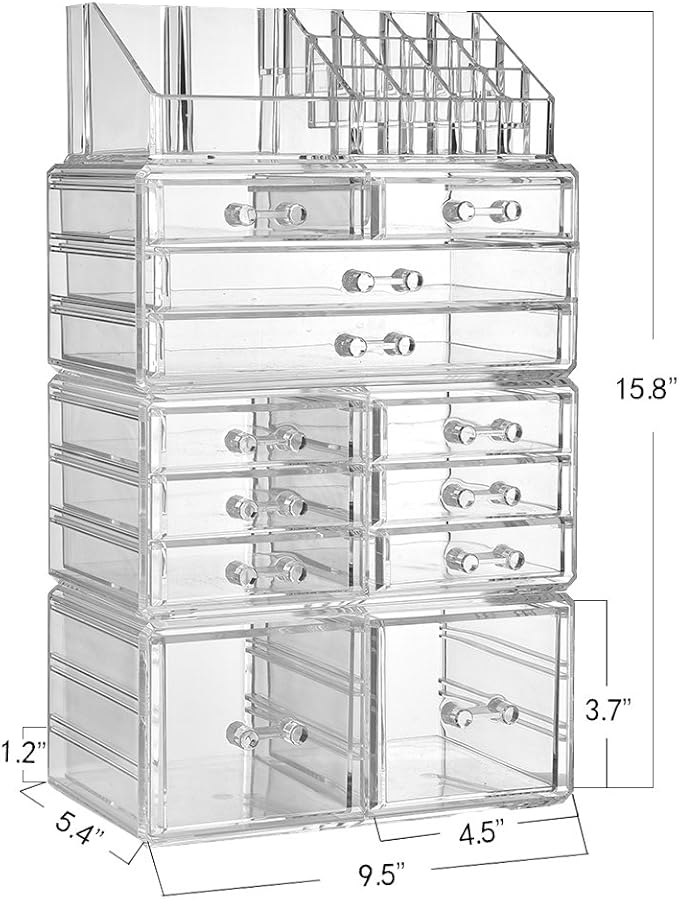 ZHIAI Makeup Organizer Dresser Cosmetic Storage - Clear Acrylic Jewelry Brush Holder Set, 8 Small Drawers, Great for Bathroom, Dresser, Vanity and Countertop