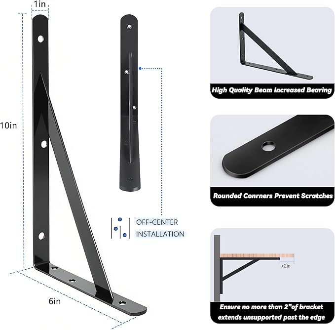 4 Pack L10 x H 6" Heavy Duty Shelf Brackets with Screws Open Floating Shelving Bracket L Brackets Black Metal Shelf Brackets for Shelves, Room, Pantry,Garage
