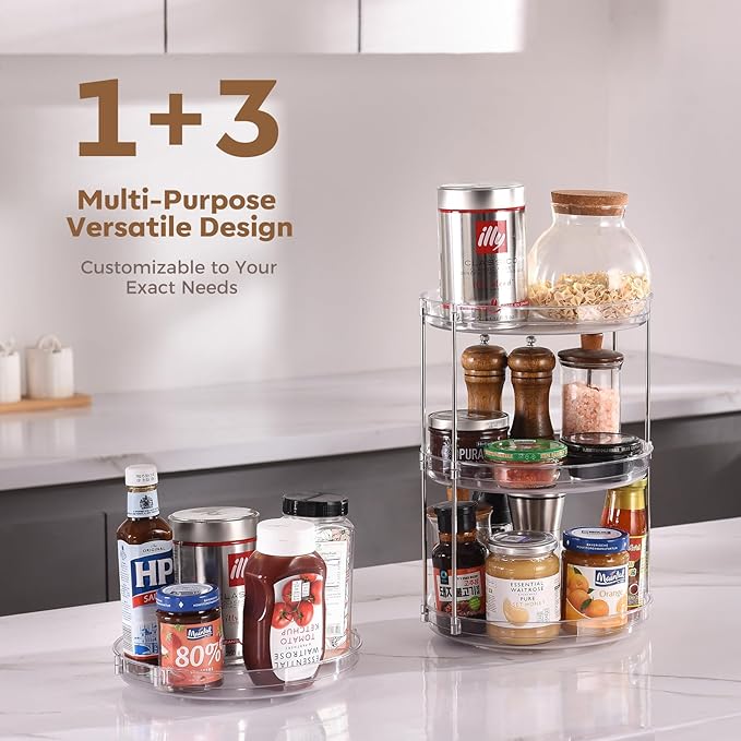 2-Pack 2-Tier Clear Lazy Susan Turntable Organizer, 9.5" Rotating Spice Rack for Kitchen Cabinet, Countertop Tray for Bathroom & Vanity to Organize Makeup, Perfume and Jewelry