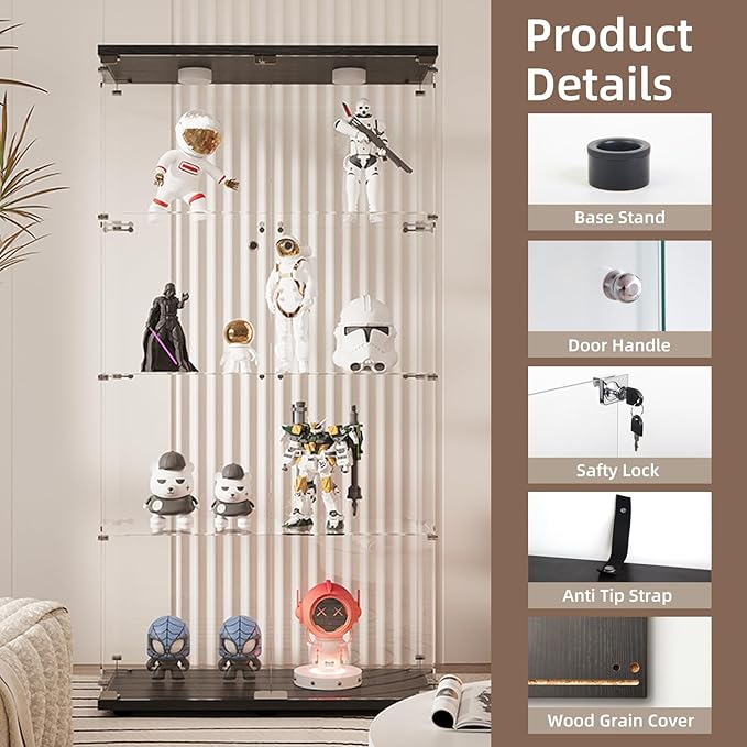 Beauty4U Glass Display Cabinet with Light, 4 Shelves with 2 Doors, Curio Cabinets for Living Room, Bedroom, Office, Black Floor Standing Glass Bookshelf, Quick Installation