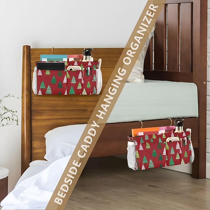 Christmas Trees White Green Bedside Caddy for Dorm Bed Bedside Hanging Caddy Bag Iron Frame Storage Organizer Pocket for Bunk Home College Hospital Beds 2 Hooks