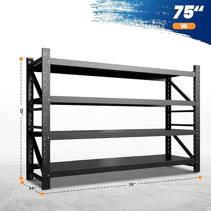 MIIIKO 75" W Storage Shelves,8000LBS Metal Garage Storage Shelving,Heavy Duty Adjustable Unit Storage Shelves for Warehouse,Basement,75" W x 24" D x 70" H,Black