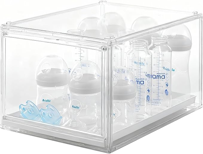 Baby Bottle Organizer, Clear Stackable Acrylic Storage for Countertop Cabinet, Baby Bottle Station Organizer with drawer for Pacifiers, Pump Parts