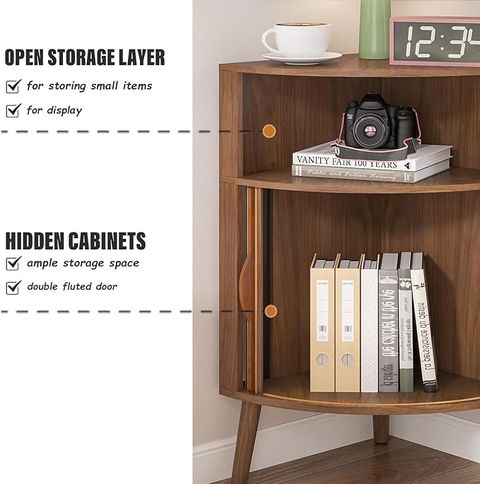 Bathroom Corner Storage Cabinet, 31.5''H Small Floor Corner Cabinet with 2 Fluted Doors and Shelves, Freestanding Narrow Cabinets Organizer for Living Room, Kitchen (Walnut, 31.5''H)