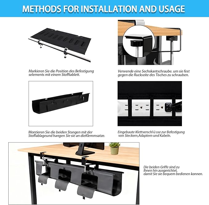 Under Desk Cable Management Tray, 36" No Drill Standing Desk Cable Organizer, Fabric Tray for Power Strips, Adapters & Cables, Black