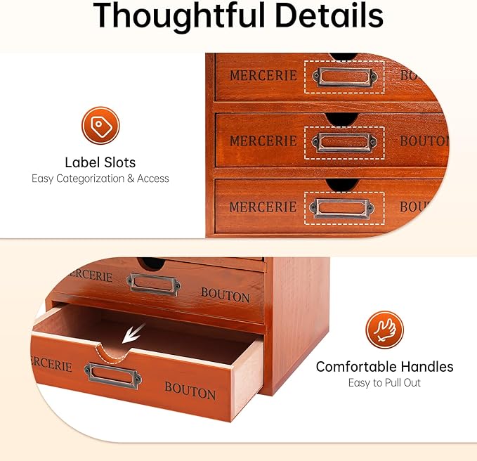 Vintage 5-Drawer Wooden Desk Organizer, Apothecary Cabinet & Library Card Catalog Storage Box, Rustic Freestanding Desktop Organizer for Stationery Crafts Jewelry Office Home Supplies (Brown)