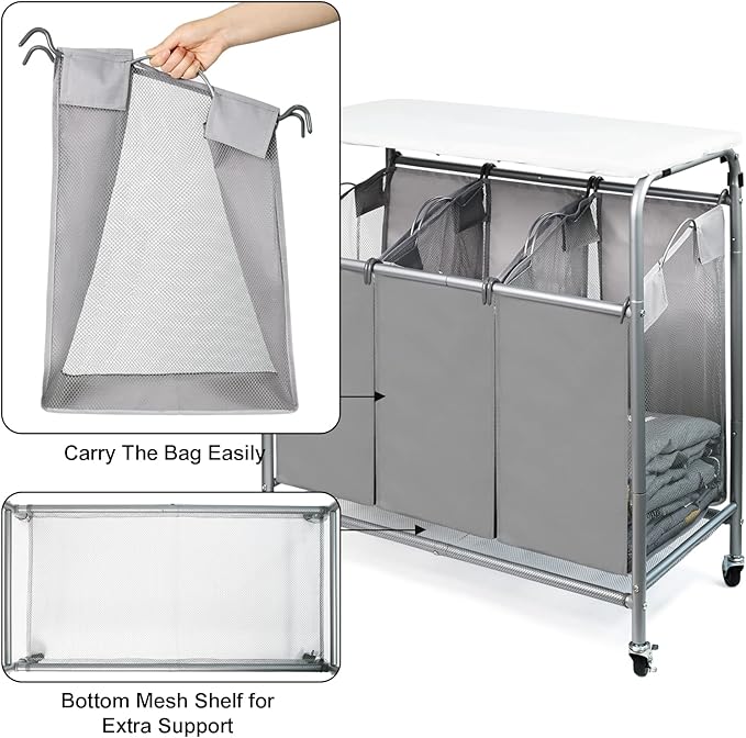 3 Bags Laundry Sorter Cart, Heavy Duty Rolling Laundry Hamper Sorter with Ironing Board(Grey)