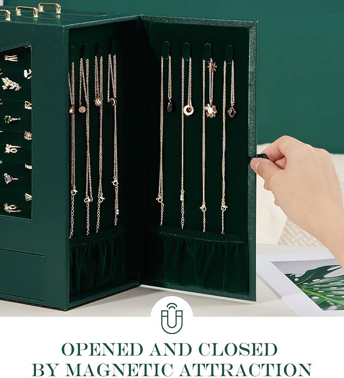Homde Jewelry Organizer with Transparent Window Necklace Hooks Gift for Women Jewelry Box Display Case for Necklaces Rings Earrings Bracelets and Other Accessories (Forest Green)