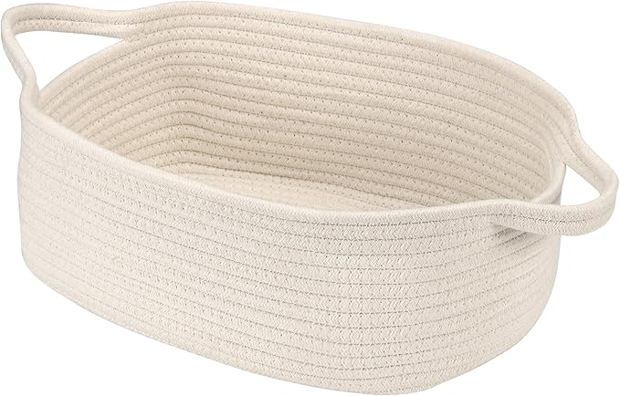 Small Woven Cotton Rope Basket Cute Baby Gift Baskets Empty Decorative Storage for Organizing Shelves Closet Baby Nursery Basket Bin Toy Storage tote Organizer 13.7"x10.2"x 5" Pure White easter