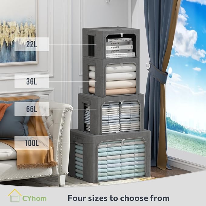 CYhom 3Pack Foldable Storage Bins - Frame Storage Box Linen Fabric Stackable Clothes Container Organizer with Clear Window & Carry Handles Large Capacity (Small-22L, Dark Gray)
