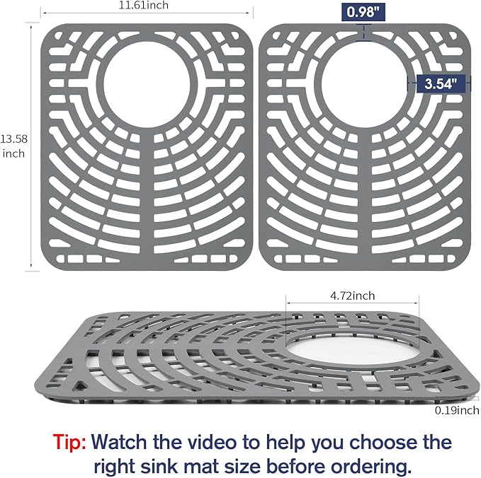 2PCS Silicone Sink Protector 12"x14" Rear Drain Hole, Heat Resistant Non-slip Dishwasher Suitable, Sink Mat for Bottom of Farmhouse Kitchen Stainless Steel Sinks(Grey)