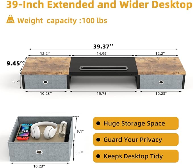 Dual Monitor Stand Riser with 2 Drawers - 39Inch Large Storage Computer Monitor Stands for 2 Monitors, Wooden Desktop Organizer Perfect for Home Office Desk, Computer, Laptop, TV