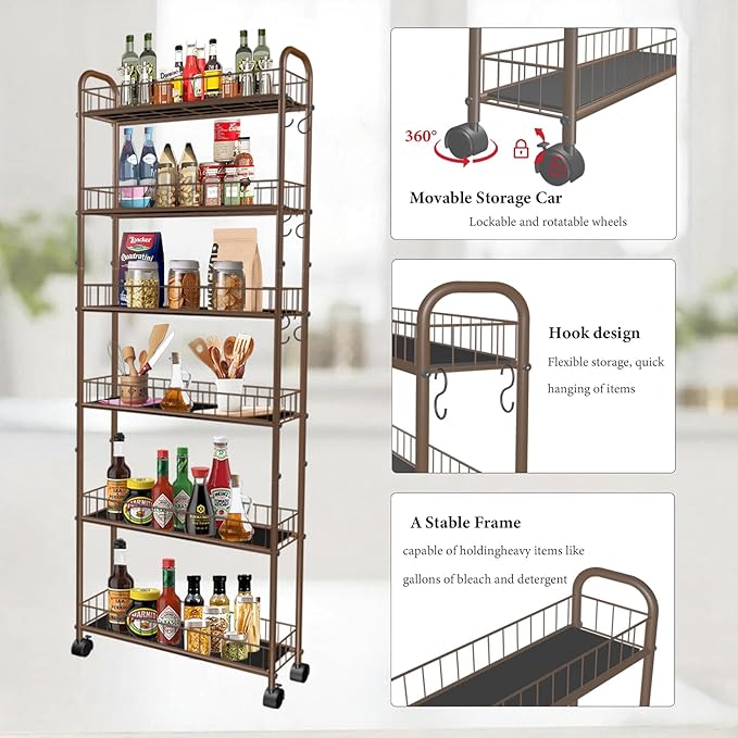 6-Tier Slim Storage Cart with Wheels, 6in Narrow Rolling Shelf,Sturdy Slim Storage Ideal for Kitchen, Bathroom, and Laundry Room,Champagne Gold
