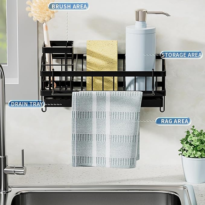 Sponge Holder for Kitchen Sink Organizer, Sink Caddy with High Brush Holder, Rustproof and Non-slip, Soap Dispenser Kitchen Organizers and Storage Essentials (Black)