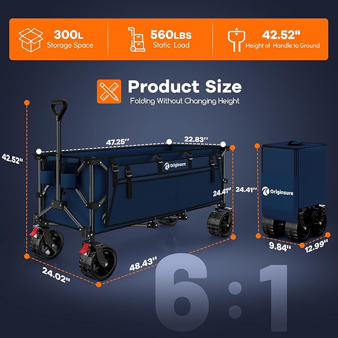 48" L Folding Beach Wagon Cart Foldable, 560lbs Weight Capacity 300L Heavy Duty Collapsible Wagons with Big All-Terrain Wheels, Utility Carts for Groceries, Shopping, Camping, Sports - Blue