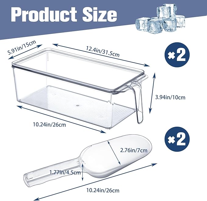 Havawish 4 Pcs Ice Storage Bin for Freezer with Lid and Flexible Scoop Set Plastic Ice Container with Lid Handle for Home Office Fridge Storage (12.4 x 5.91 x 3.94 Inches,Clear)
