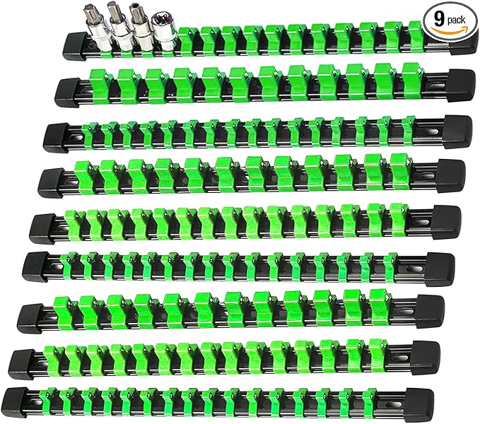AMM 9-Piece Socket Organizer, 1/2 inch, 3/8 inch and 1/4 inch Drive ABS Tools-Green Socket Holder,Heavy Duty Socket Racks, Premium Quality Socket Clip Rail Holder,The Best Tool Trays in The Garage