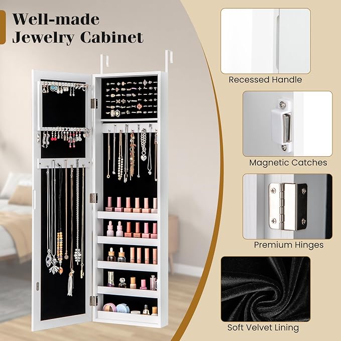 Giantex Wall or Door Mounted Jewelry Cabinet with Full Length Mirror, Over The Door Jewelry Armoire Organizer, Hanging Storage Cabinet with Necklace Hooks, Earring Slots, Ring Slots & Shelves (White)