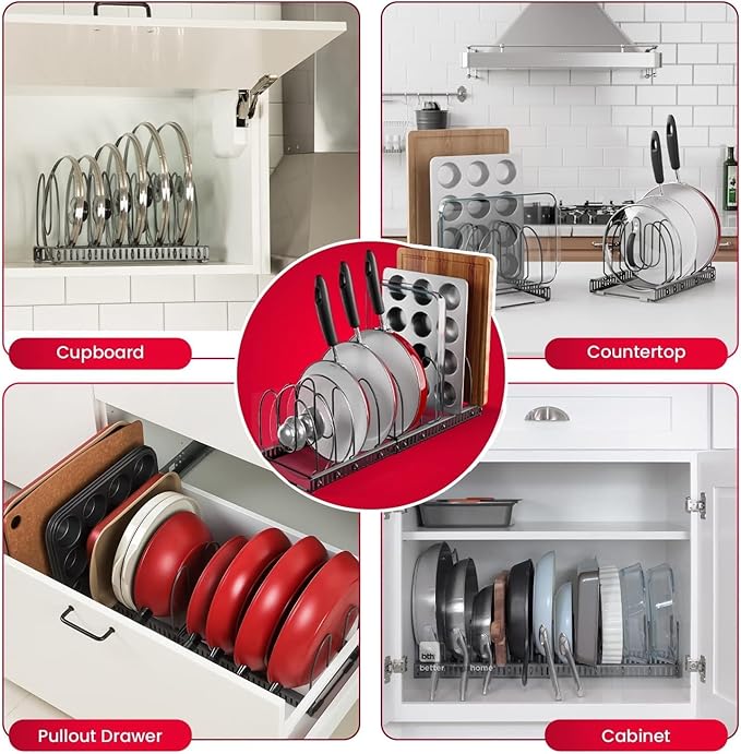 Better Things Home 12+ Expandable Pan and Pot Lid Organizer Rack for Cabinet, Pot Lid Holder Pot Organizers Inside Cabinet, Pots and Pans Organizer Under Cabinet (Dark Grey, PAN & BAKEWARE)