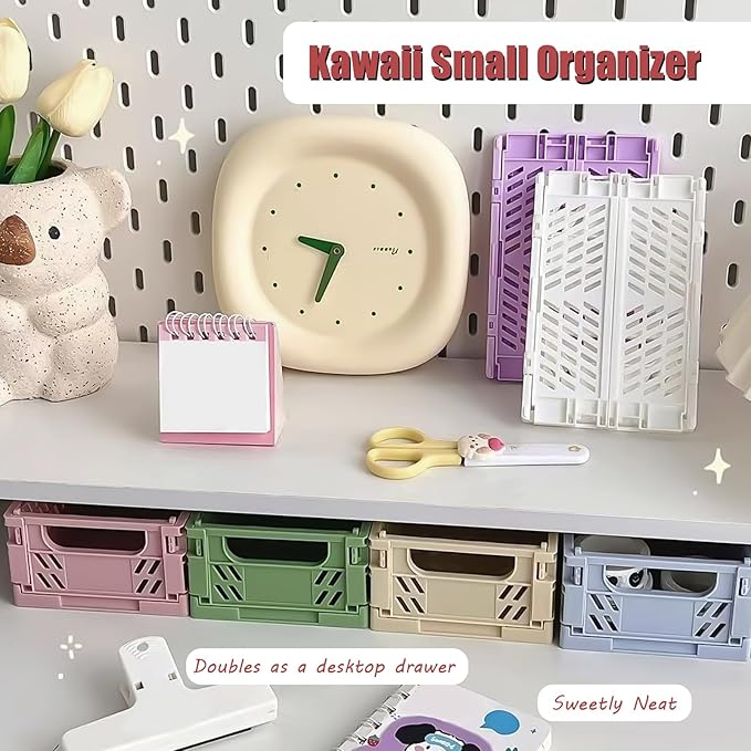 Pastel Plastic Storage Baskets 2 Pack, Collapsible Crates for Organizing, Space-Saving Bins for Kitchen, Office, Bedroom (Purple, Medium:9.8" x 6.5" x 3.8")