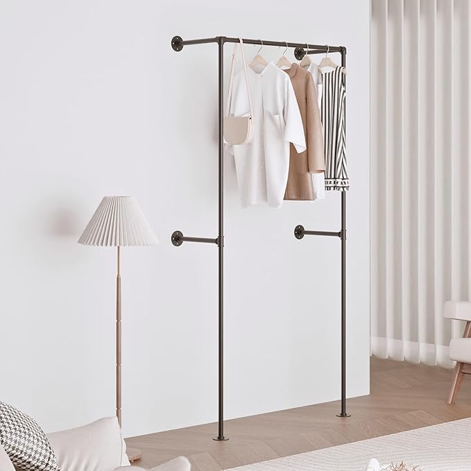 Industrial Pipe Clothing Rack, Heavy Duty Wall Mounted Clothes Rack, Retail Display Hanging Garment Rod for Laundry Rooms, Closet Storage, 14.6x37.4x82.7 Inches, Model K05