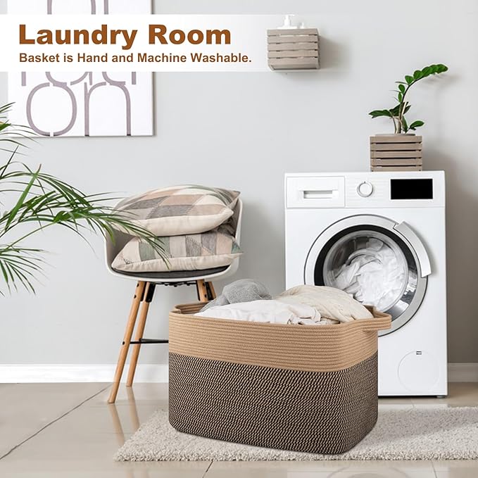 XXXL Supre Large Blanket Basket for Clothes, Towels, Pillows, 108L Cotton Rope Storage Basket for Living Room, Supre Large Woven Toy Storage for Kids, 25" x 16" x 16", Brown and Black