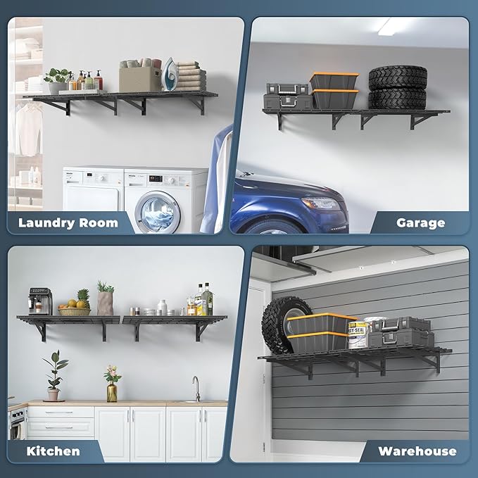 2 Pack Heavy Duty Garage Wall Shelving Set, 2x3ft, Black, Wall Mounted, Traditional Style, 2 Shelves, 500lbs Capacity