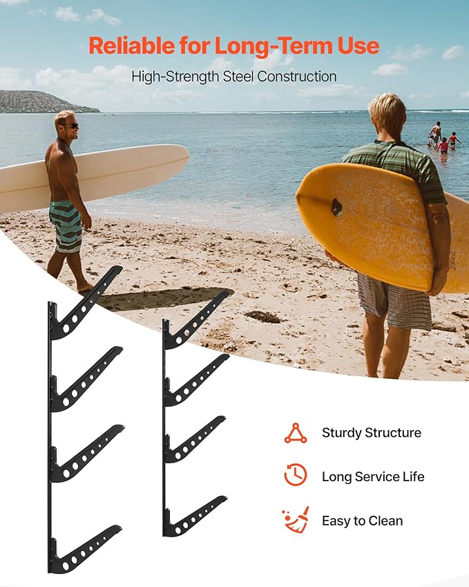 VEVOR Surfboard Wall Mount, 4 Tiers Horizontal Surfboard Rack for Storage and Display, Adjustable Height Metal Board Stand Organizer, Surf Board Holder for Snowboards, Kiteboards, Shortboard, Skis