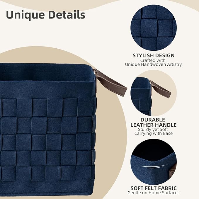 boldmonkey Storage Basket 3 Pack, 13" x13" x13 Large Blanket Baskets with Leather Handle, Cube Felt Fabric Storage Box for Shelves, Bedroom, Nursery, Living Room -Navy blue