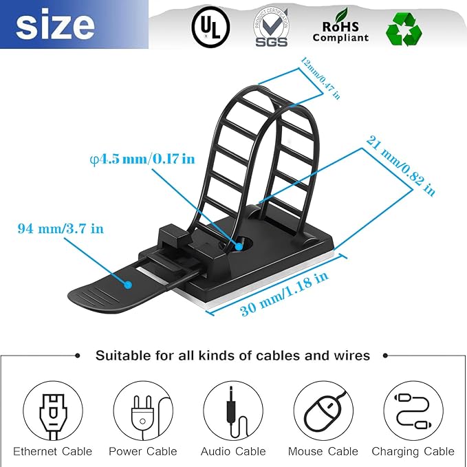 Adjustable 3M Adhesive Cable Management Clips 50Pcs, Large self Adhesive Cable Ties Clips ，Suitable for Cable Management Under desks and on Walls(Black)