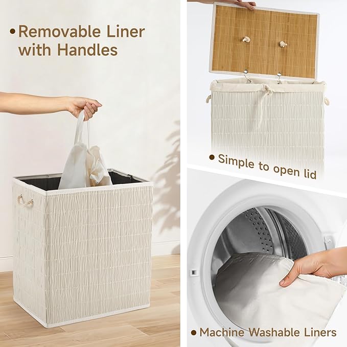 Laundry Hamper with Lid, 39.6 Gallon(150L) Large Laundry Basket 2 Removable Liner Bags, Synthetic Rattan Clothes Hamper with Side Pocket, laundry organization for bathroom, laundry room, White