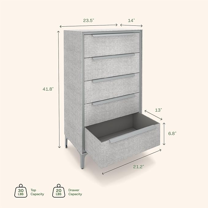 tinge Naima Premium Fabric Dresser - Strong Metal Frame, 5 Spacious Sag-Proof Drawers with Sleek Metal Handles - Premium & Durable Storage Solution for Your Home (Silver)