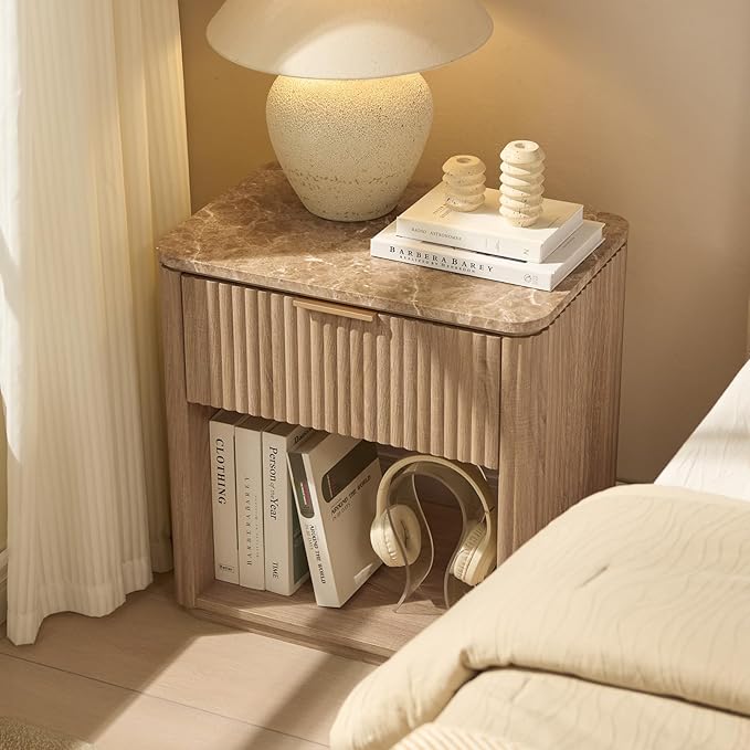 Fluted Nightstand with Drawer, Bedside Table with Faux Marble-Top, Engineered Wood Side Table with Open Shelf, Curved Corners, Metal Handle, Modern Night Stand for Bedroom, Small Spaces, Natural Oak
