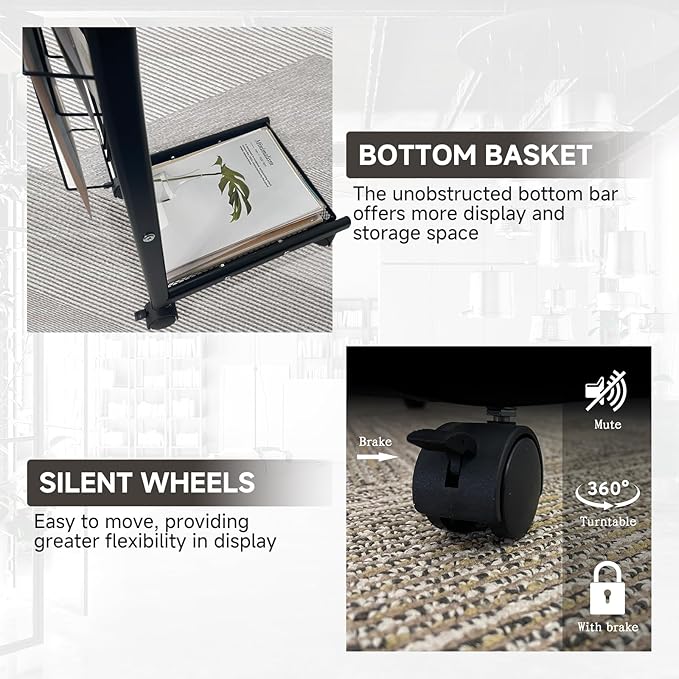 TONGMO Magazine Rack: Floor-Standing with Wheels, 9-Tier Brochure Display Stand for Exhibitions, Office, and Any Organization Requiring Information Display