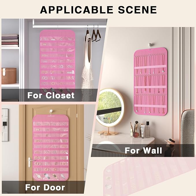 Hanging Jewelry Organizer Storage, 40 Pockets 36 Hooks Necklace Earring Necklace Bracelet Ring Organizer, Double - Sided Design, Pink