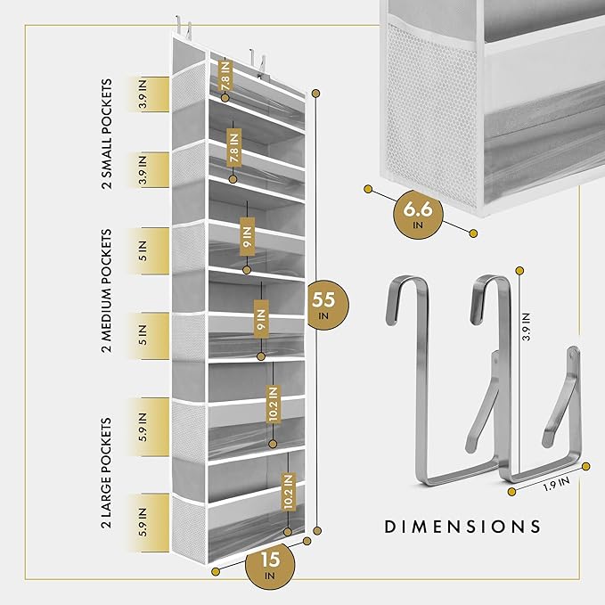 HOMELUX THEORY Over The Door Organizer Hanging - 50lbs Load 6 Large Front & 12 Side Pockets, 2 Pack Over The Door Shoe Organizer, Hanging Closet Organizer For Toys, Diaper, Sewing (Transparent)