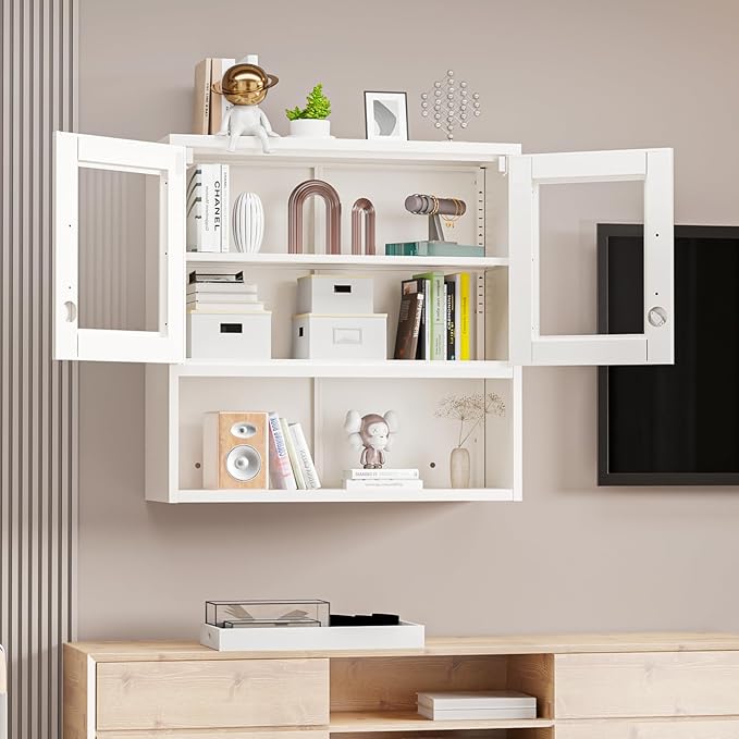 VINGLI Metal Wall Cabinet with Locking Glass Doors, Adjustable Shelf, Wall Mounted Storage Display Cabinets for Garage, Kitchen, Home Office, Warehouse, Living Room, White