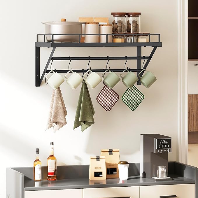 Wall Mounted Pot Rack, 23.8 Inch Pot and Pan Organizer with 2 Tier Hanging Rails, 12 S-Hooks, Metal Pot Rack for Kitchen Cookware Organizer, Space Saving, for Kitchen Utensils, Black PR01BK