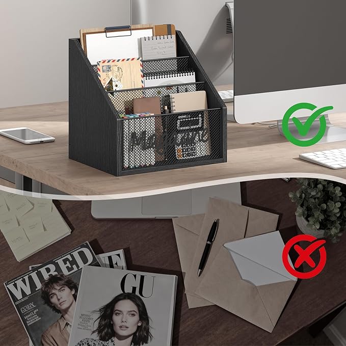 Magazine Holder, Wood Magazine Rack Floor, Mail Organizer Countertop, Magazine Mail Holder Sorter, Record Holder for Magazines, Books, Newspapers, Tablets, Black MR02BB
