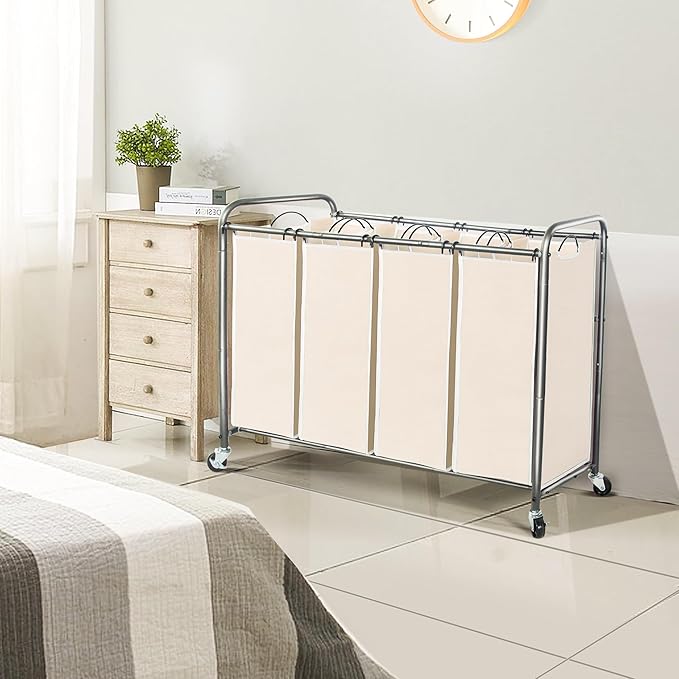 STO STO Laundry Sorter 4 Section, 4 Bag Laundry Hamper, Rolling Laundry Cart, Laundry Basket with Heavy Duty Lockable Wheels and Removable Bag for Clothes Storage, Beige