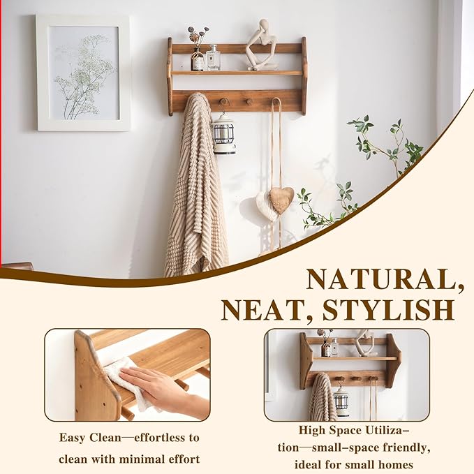 100% Solid Wood Wall Hooks with Shelf, Rustic Coat Rack with Shelf Wall-Mounted, Farmhouse Decor Shelves with 4 Hooks for Clothes Hats Towel Purse Robes, Bathroom Mudroom Bedroom, Entryway