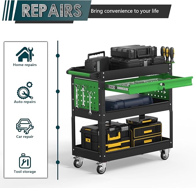 3 Tier Rolling Tool Cart on Wheels with Locking Drawer - Metal Service Cart Industrial Utility Cart for Mechanic - 350 LBS Mobile Storage Organizer for Garage (Black-Green)