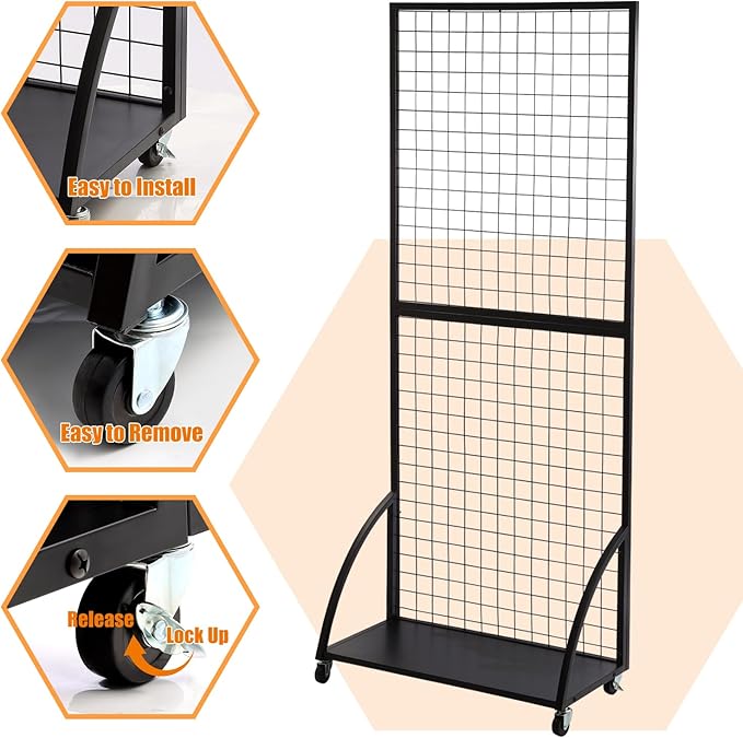 Eastern Tree Grid Wall Panels, Black Gridwall Panels Stand with Base Plate, Wire Grid Wall Panel Display with Wheels, Craft Show Display Rack, Retail Display with 20 Pieces Hooks, 2 Packs 2.5'x 6'