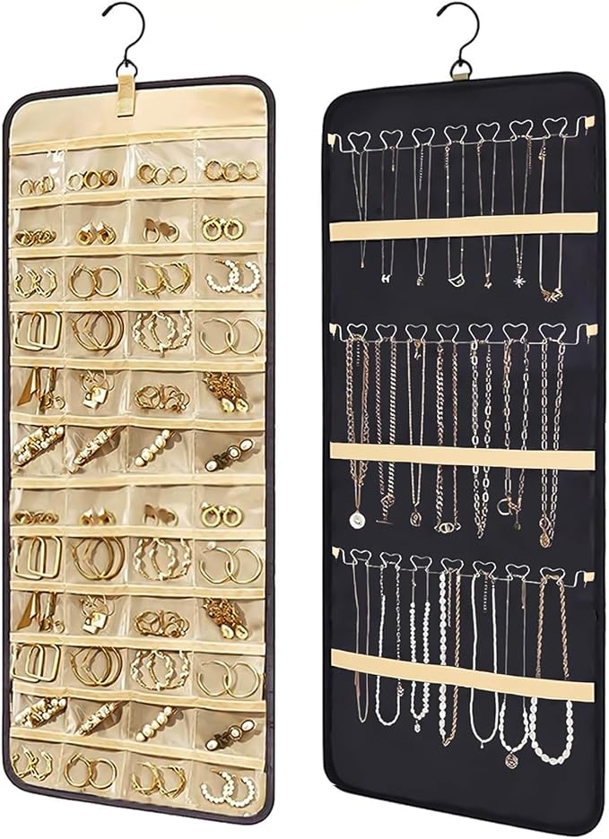 Bloss Hanging Jewelry Organizer-48 Pockets Dual-Sided Hanging Jewelry Organizers and Storage for Necklaces, Earrings Holder on Closet, Wall, Door, Christmas Gifts for Women,Blcak