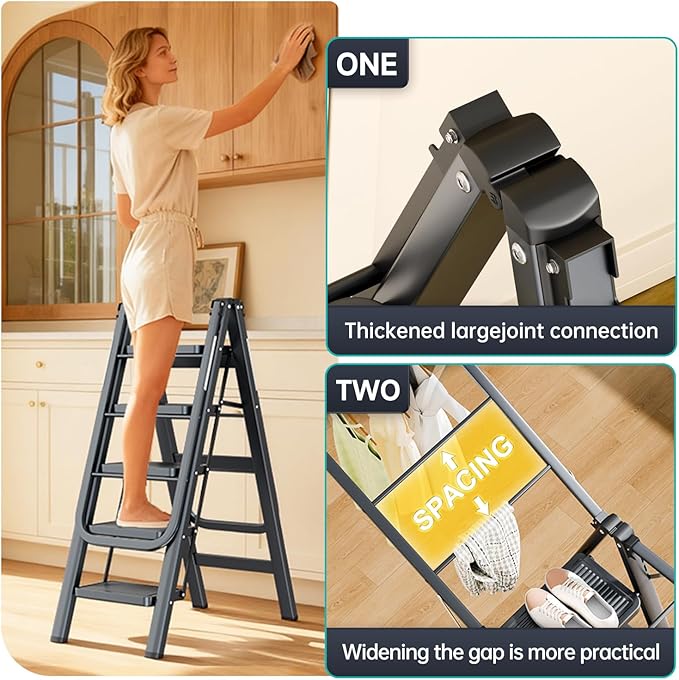Multi-Functional 5 Step Ladder Used as Clothes Drying Rack,Sturdy Carbon Steel Ladder,Widened Pedal,Foldable & Portable Clothes Drying Rack, Space-Saving Design Indoor&Outdoor Drying (Black)