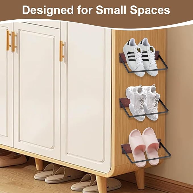 2-Pack Wall Mounted Shoe Rack, Wooden & Metal Foldable Shoe Rack - Space Saving Wall Shoe Holder for Entryway, RV, Camper, Closet, Apartment, Fits Various Shoes-Brown