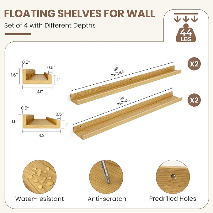 Fun Memories Picture Ledge Shelf, Floating Shelves Set of 4, 36 Inch Picture Shelves for Wall with Ledge, Large Nursery Book Shelf for Toys Storage, Living Room, Bedroom Decor Frames, Oak