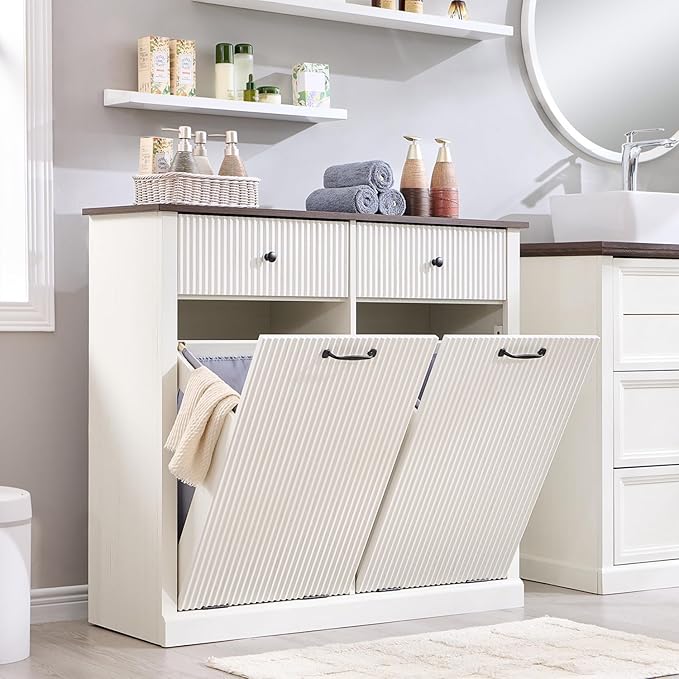 Modern Double Tilt-Out Laundry Hamper Cabinet, 20 Gallon Fluted Trash Can Cabinet w/2 Drawers, Wooden Hidden Garbage Can Cabinets with Laundry Basket, for Bathroom and Kitchen, Antique White